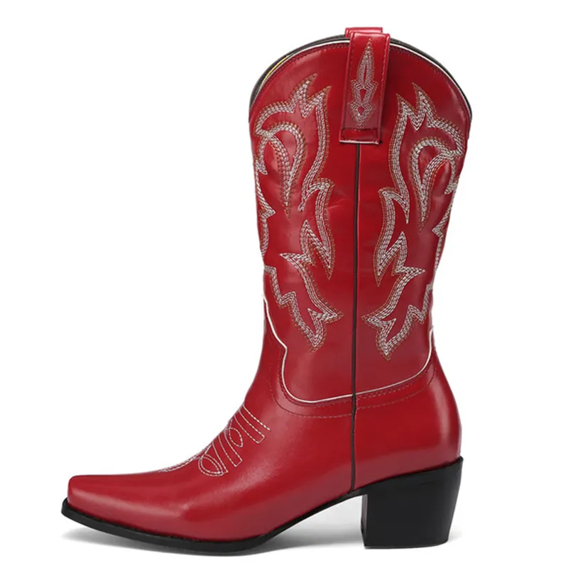 Bonjomarisa Cowgirl Women Western Boots Cowboy Cowboy Mid Calf Boot Block Block Mid Heel Bordado Casual Marca Botas Mulheres 220805