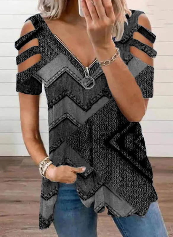 Snake YX Kadın Tshirts Kadın Dalgası Geometrik Baskılı Kısa Kollu fermuar Vneck Top Plus Moda Grafik Büyük Boy Tişört 220615
