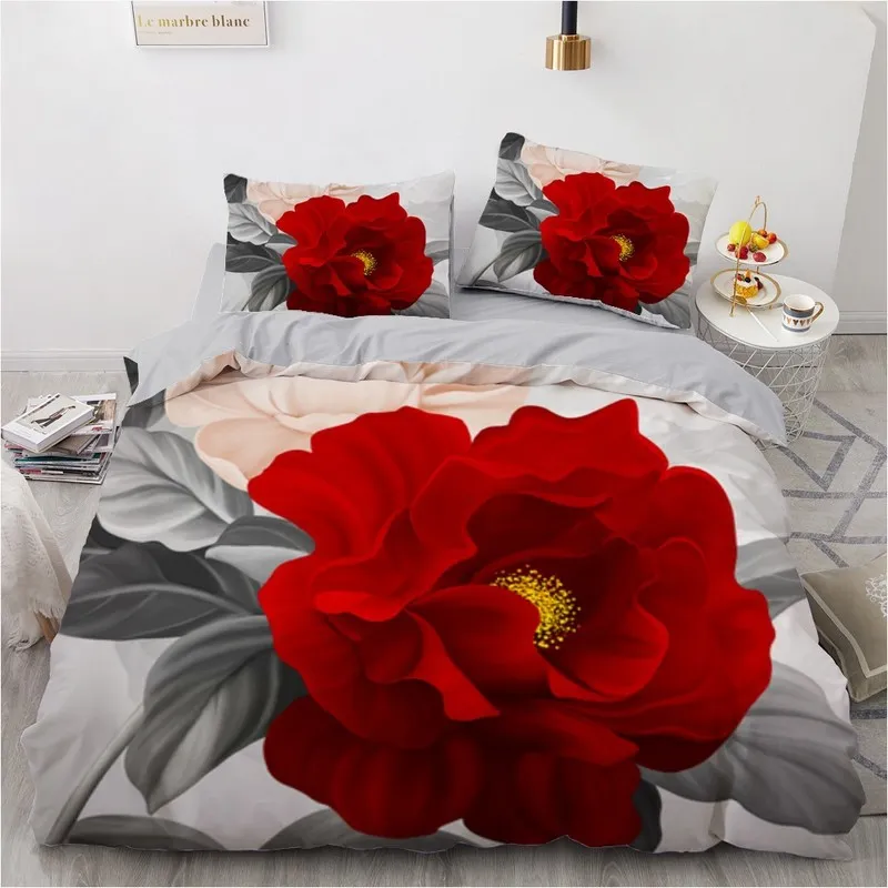 3D цветочные постельные принадлежности набор пользовательских размеров короля подмощная крышка набор Quiltcomforter Case Case Red Rose Bedclothes Microfiber 220616