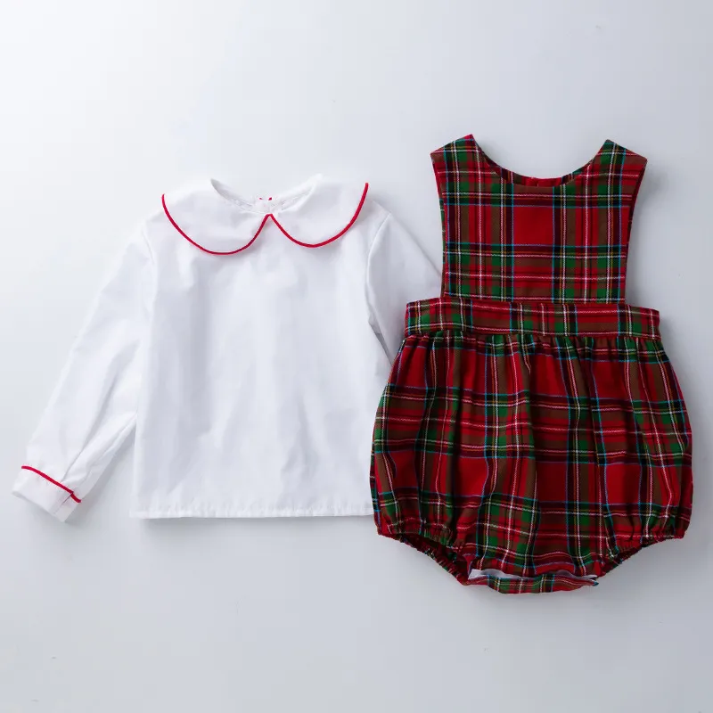 2 stücke Baby Mädchen Strampler Kleidung Sets Peter Pan Kragen Plaid Mischfarbe Gedruckt Langarm Tops + Overall Für kinder Casual Anzug 220326