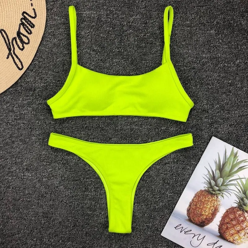 Neon sarı yeşil mayo kadınlar seksi katı push up mikro bikini brezilya yaz plaj mayo takım elbise tanga mayo biquini 220611