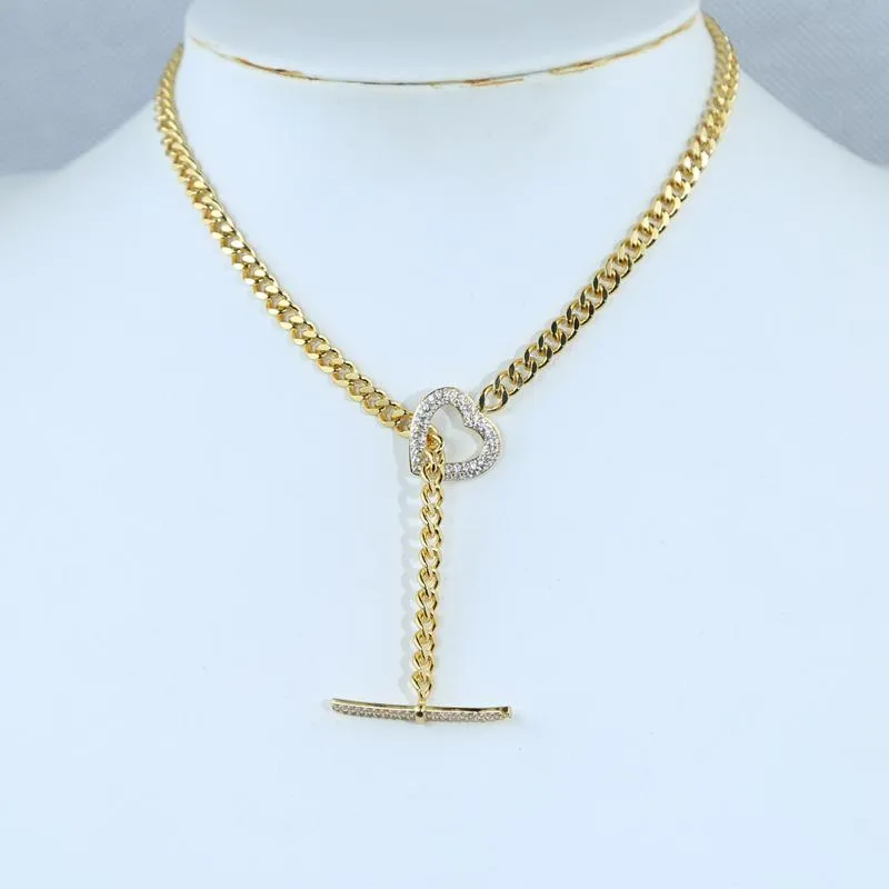 Drop ship 5mm Cuban Link Chain necklace Micro Paved Clear Cz Heart Clasp Gold Color Plated Fashion Women Choker Chain Necklaces
