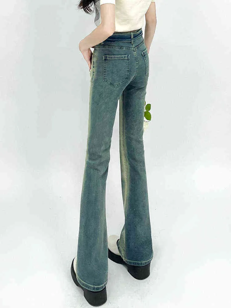 Gradient niebiesko-żółte dżinsy damskie Summer Nowe styl HK design dżinsowe spodnie Slim Fit Straight-Net-Bottom Pants Female T220728