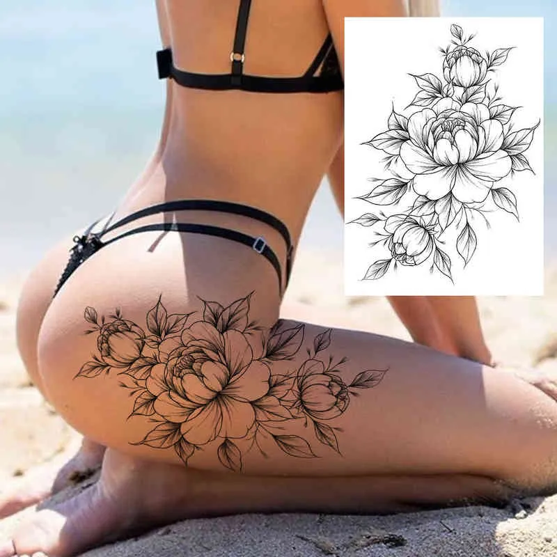 NXY Geçici Dövme Seksi Çiçek Tattoos Kadınlar Için Vücut Sanatı Boyama Kol Bacaklar Etiket Gerçekçi Sahte Siyah Gül Su Geçirmez 0330