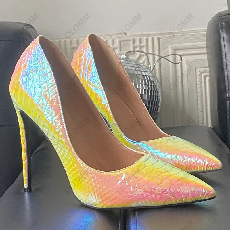 Olomm Handmade Women Summer Pumps Crocodile Sexy Stiletto Heels Pointed Toe Beautiful Party Dress Shoes Ladies US Size 5-15