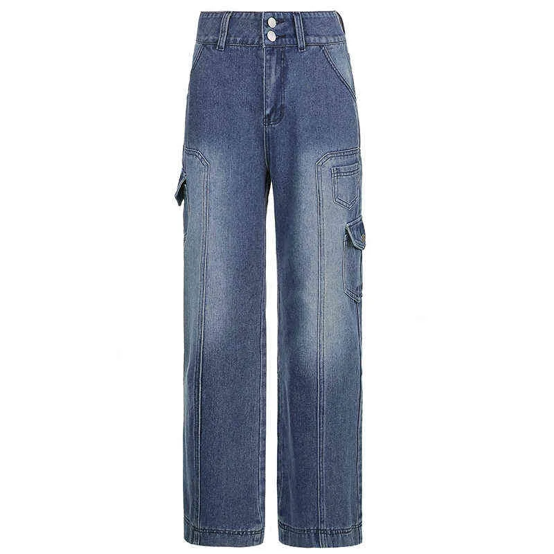 Vintage Denim Capris Y2k Jeans Streetwear Women High Waist Jeans Wide Leg Pockets Patchwork Baggy Cargo Pants Traf Jeans 2022 T220728