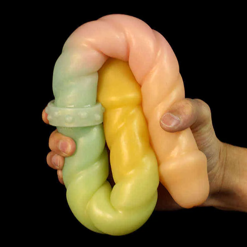 Nxy Dildo 47cm długi silikonowy dwugłowy penis dla mężczyzn i kobiet miękkie kolorowe fałszywe w kształcie korek analny zabawa dla dorosłych urządzenie do masturbacji 0316