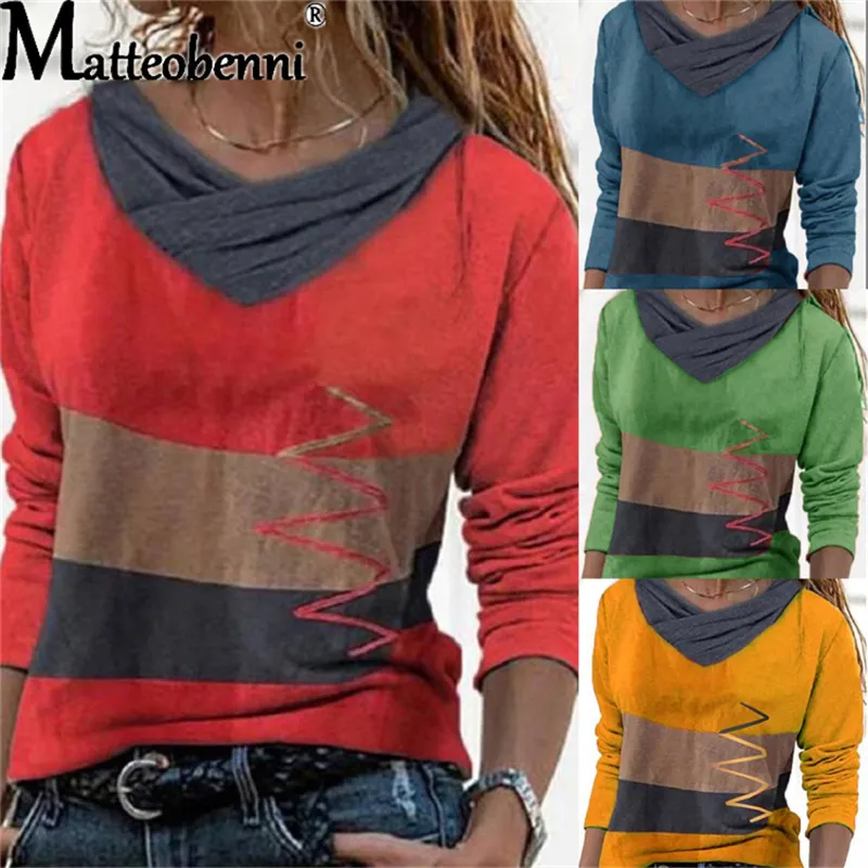 Women V Neck Contrast Color Irregular Stitching Stripes T-Shirt Spring Autumn Long Sleeve Street Hipster Clothes Ladies Tee Tops 220408