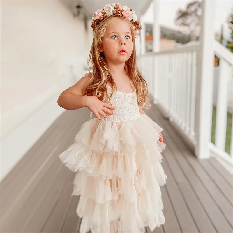 Little Girls Summer Dress for Kids Princess Birthday Party Gown Lace Sling Tutu Wedding Children Dresses Vintage Floral Clothes 220426