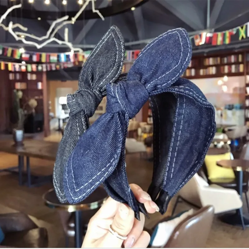 Moda saç aksesuarları kadın denim yay kafa bantları yan tavşan kulakları düğümlü saç bandı vahşi kız sevimli yüz yıkama saç çember şapkası