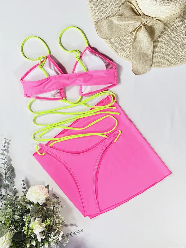 Micro biquíni Halter 3 peças saia malha maiô feminino de roupas de banho de alto corte sexy rosa praia de roupas de banho byquini 220611