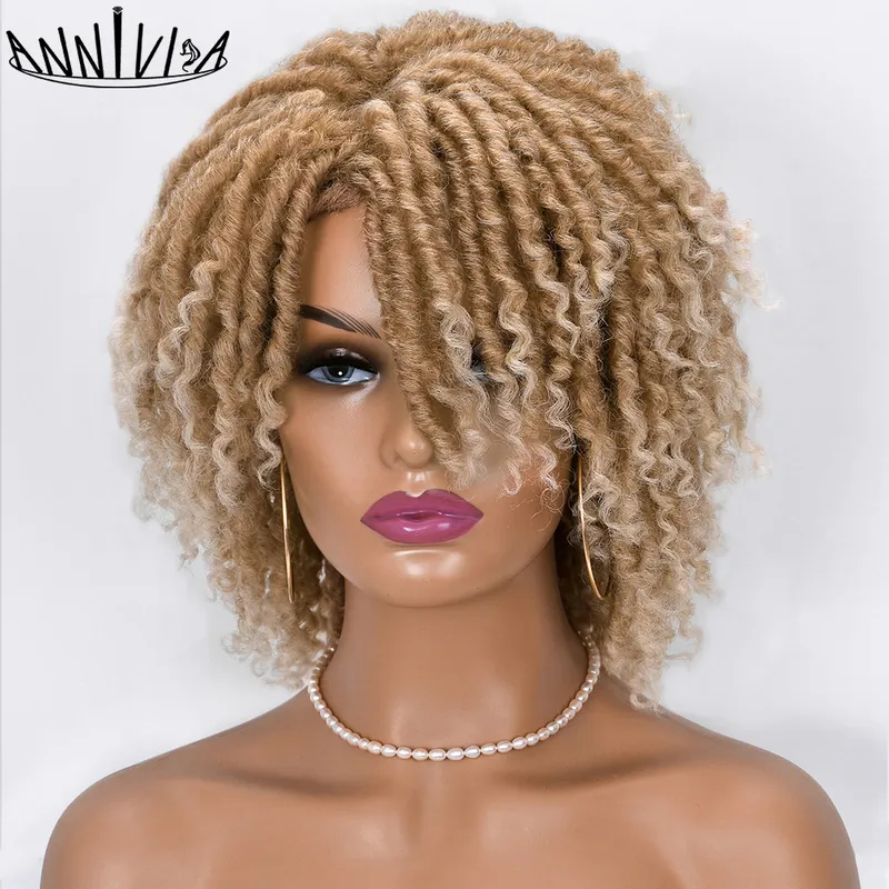 Short Dreadlock Hair Wig Curly Synthetic Soft Faux Locs Wigs with Bangs for Black Women Ombre Crochet Twist Annivia 220409