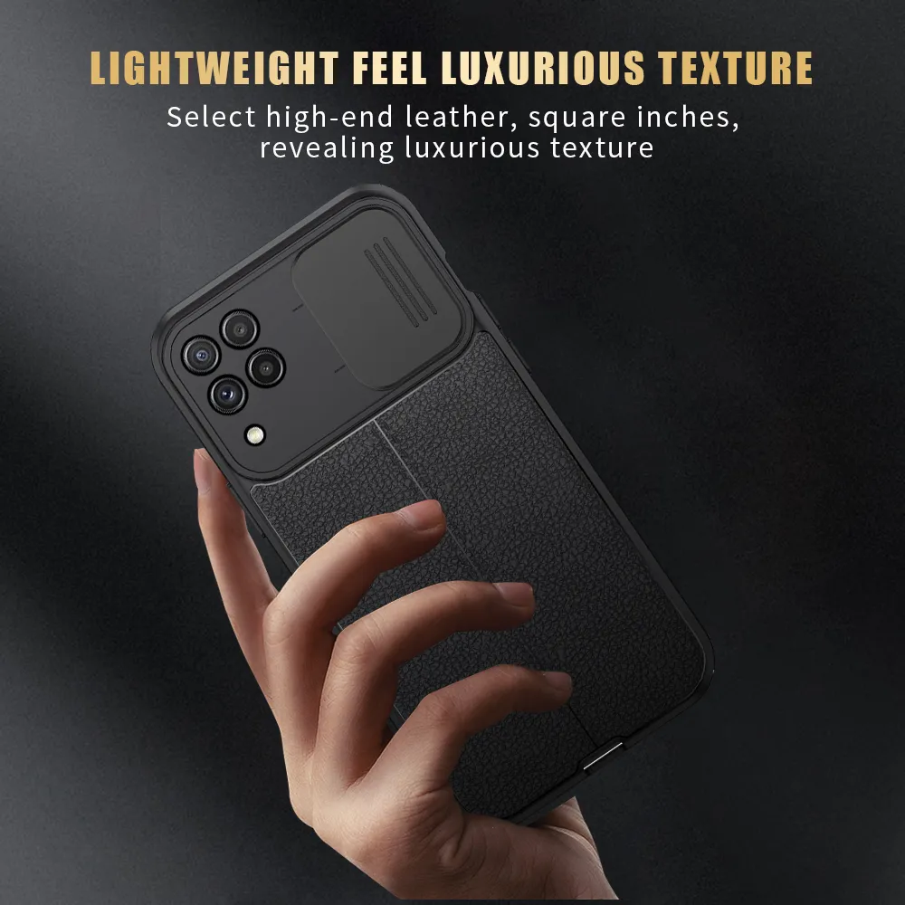 Matt läder Textur Telefon Väskor för Samsung Galaxy S21 Plus S20FE A72 A52 A32 A12 A51 A71 A31 M31 Slide Kamera Skyddskåpa