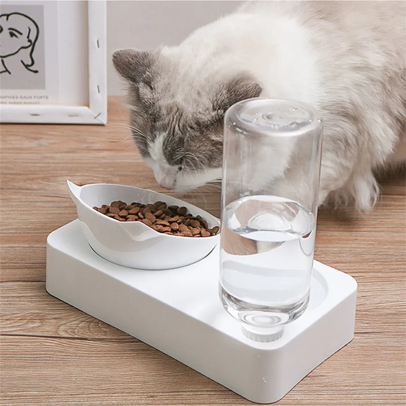 Plastic Cat Grawitacja Woda i Żywność Miski Podwyższone podniesiony miskę do małych psów Przechylone podwójne zwierzęta podajnik 220323