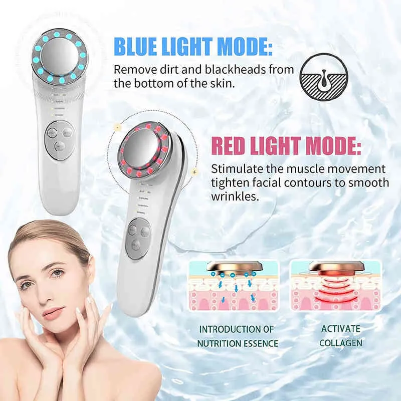 7 in 1 Facial Red & Blue Led Light Device Ion Massager Anti-Aging Skin Tightening Cleaner Skincare Massage Machine220429