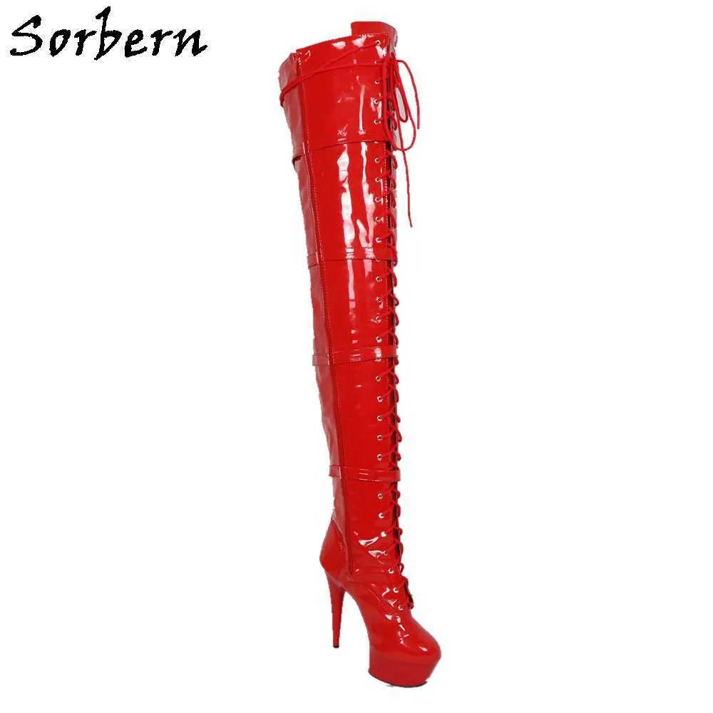 Sorbern femmes sur le genou longueur bottes rouge en cuir verni 15 CM talons grande taille dames fête bottes mode dames bottes