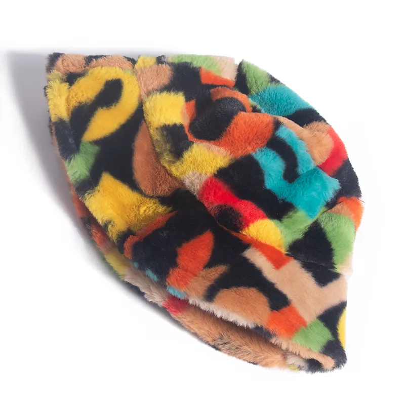 MOTHER Outdoor Multicolor Rainbow Faux Fur Letter Pattern Bucket Hat Winter Soft Warm Gorros Mujer 220318