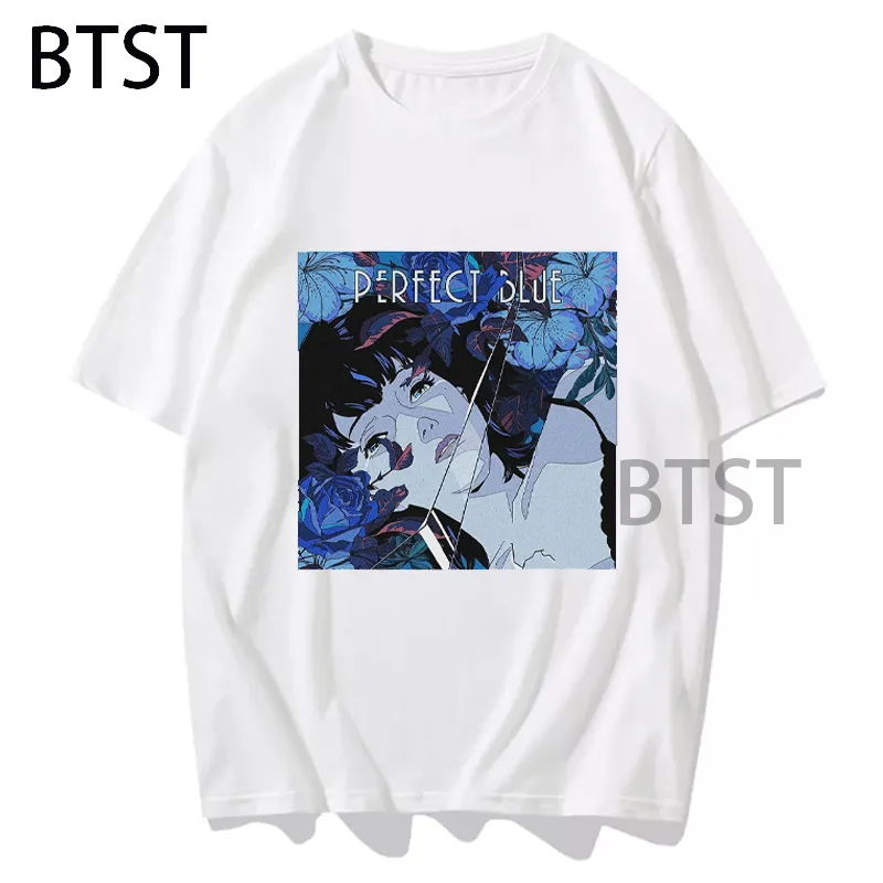 Perfekt blå japansk anime flicka tshirt svart herr tshirt kort ärm thirt bomullsgotiska kläder estetiska unisex kläder 220608