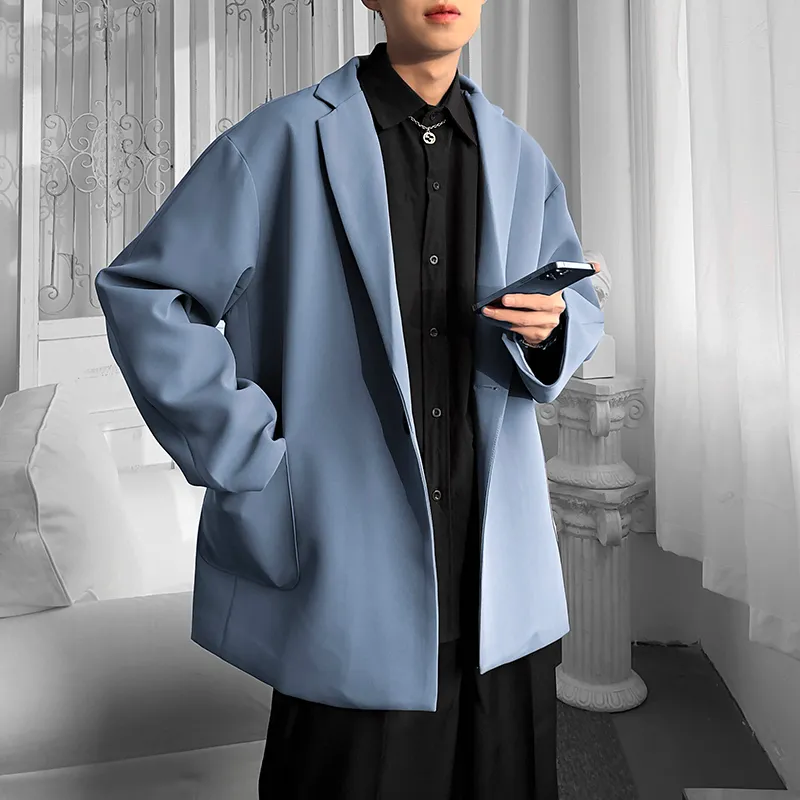 럭셔리 클래식 블랙 블루 카키 일본 스타일 남성 캐주얼 블레이저 가을 봄 패션 브랜드 느슨한 긴 양복 220409