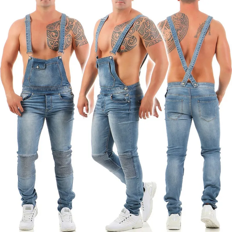 Men Jeans Overalls Pants Loose Solid Colour Plaid Denim Jean Jumpsuits Button Fly Trousers Mens Clothing 220328