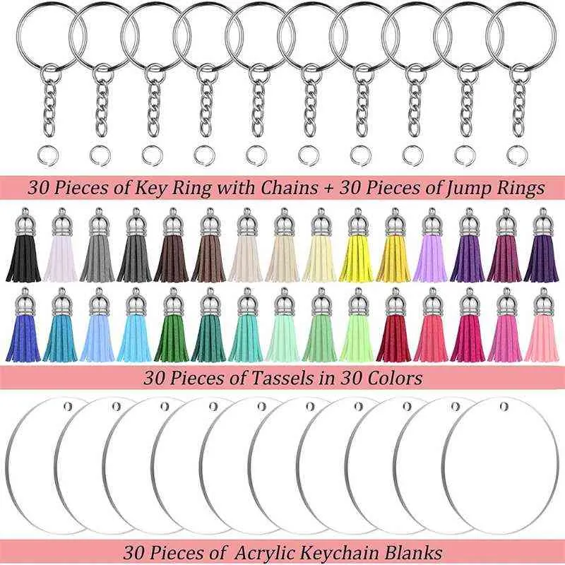 Acrylic Ornament Blanks Kit with Acrylic Blanks+Keychain Colorful Tassels+Key Chain Rings+ Jump Ring AA220318