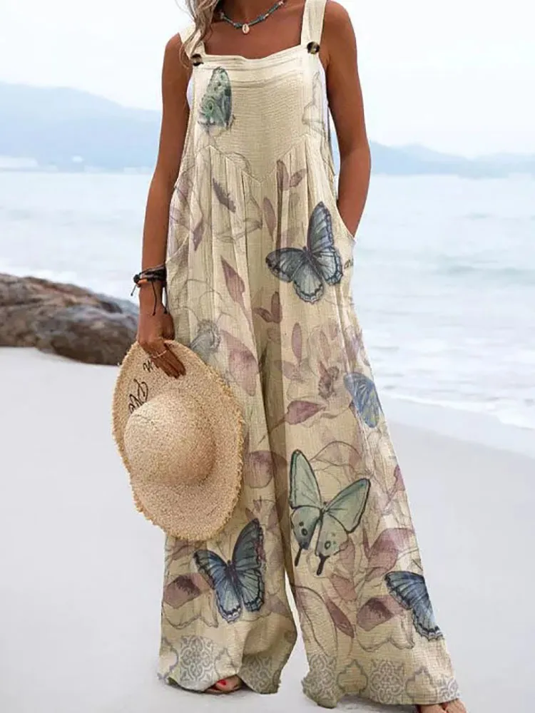 Kobiety Letni kombinezon Vintage Print Podwójny kieszonkowy BIB kombinezon swobodny luźny kurort na plażę szerokie spodnie nóg kombinezon 220714