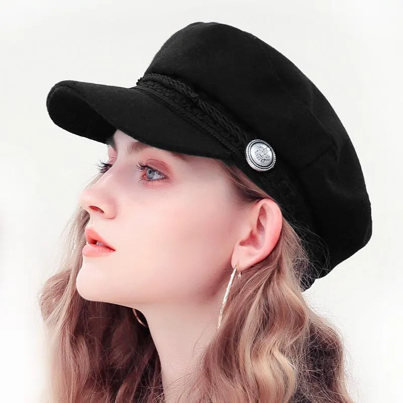 Berretti Trend Cappelli invernali donna Cappello da ragazzo in lana stile francese Berretto da baseball fresco Visiera nera Gorras CasquetteBerets