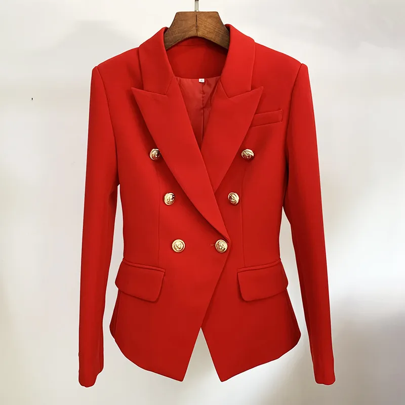 Gerçek Kırmızı Kadın Blazers Resmi Kadın Ceket Klasik Altın Kruvaze Düğme Beyaz Siyah Blazer Kadınlar Yüksek Kalite 220402