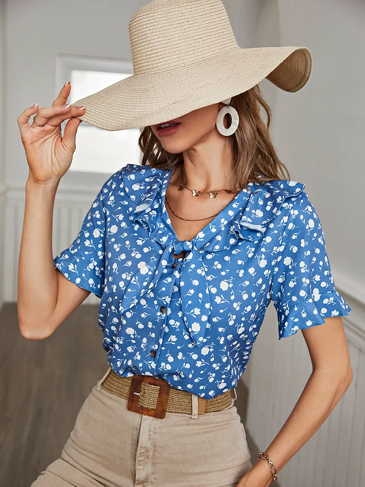 GCAROL Women Mini Flowers Shirt Flared Sleeve V Neck Ruffles Closed With a Bow England Style Summer Spring Prairie Chic Top 220704