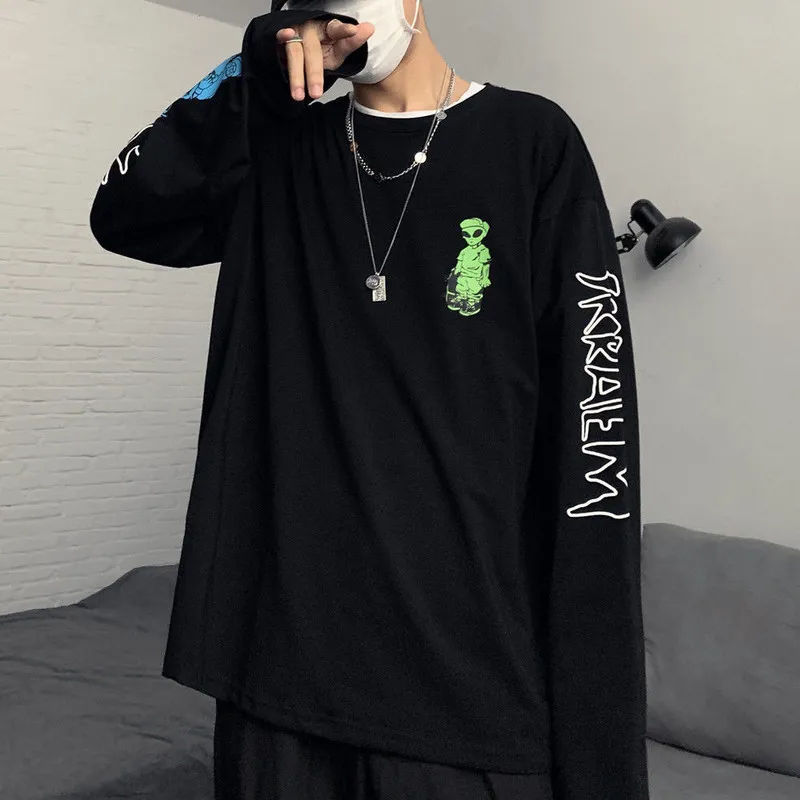 Nero Autunno Hip Hop T Shirt Uomo Casual Maschio Giappone Cool Tshirt Streetwear Manica lunga Divertente Gotico T-shirt Cool Oneck Top 220608