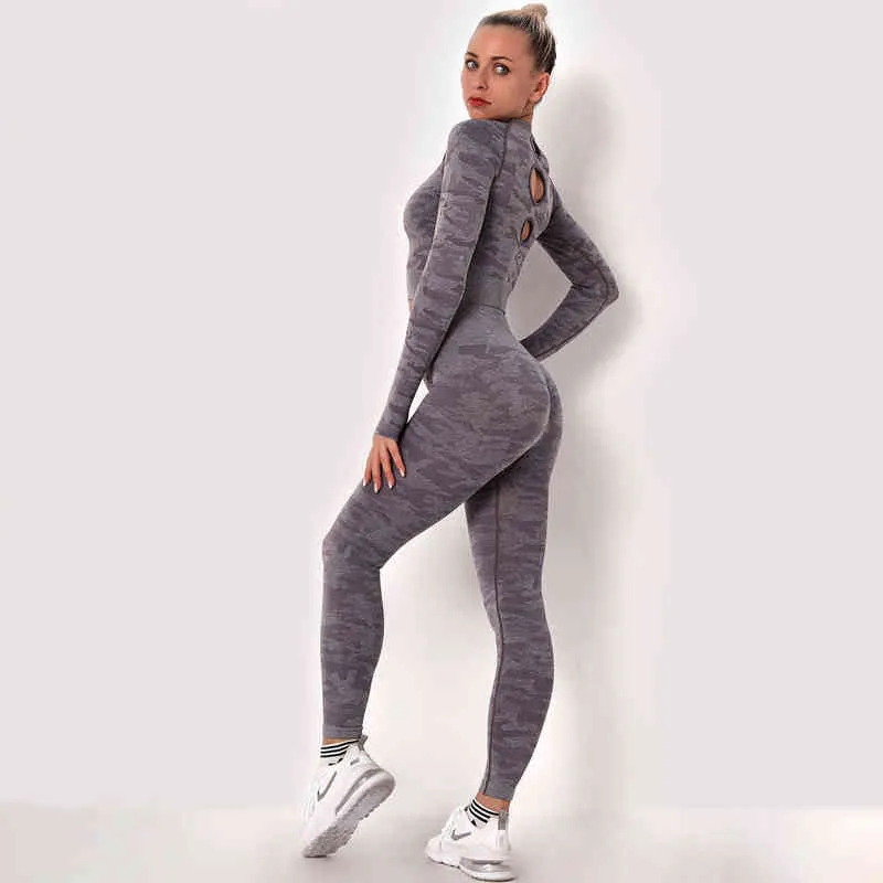 Neue Nahtlose Camouflage Anzug Yoga Zwei Stück Set Frauen Gym Selbst Wachsende Workout Fitness Übung Kleidung Für J220706
