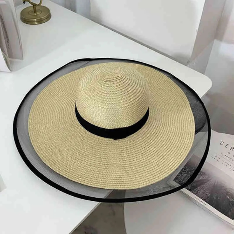 2021女性の女の子のための新しい太陽の帽子ワイド橋のフロッピー麦わら帽子夏のボヘミアのビーチキャップリボンチャップーローブラック