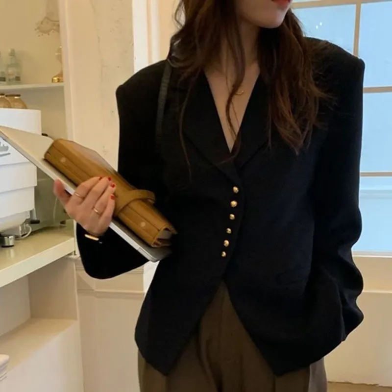 Kimotimo Vintage Blazers Kadın Kore Chic Turn-Aşağı Yaka Metal Düğme Tasarım Ceket Sonbahar Rahat Uzun Kollu Suit Coat 220402