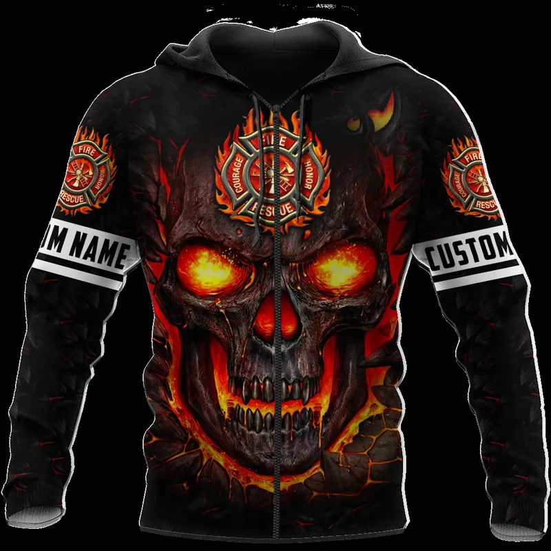 PLstar Cosmos 3DPrinted est Skull Firefighter Custom Name Unique Hrajuku Streetwear Unisex Casual Hoodies Zip Sweatshirt Q 5 220713