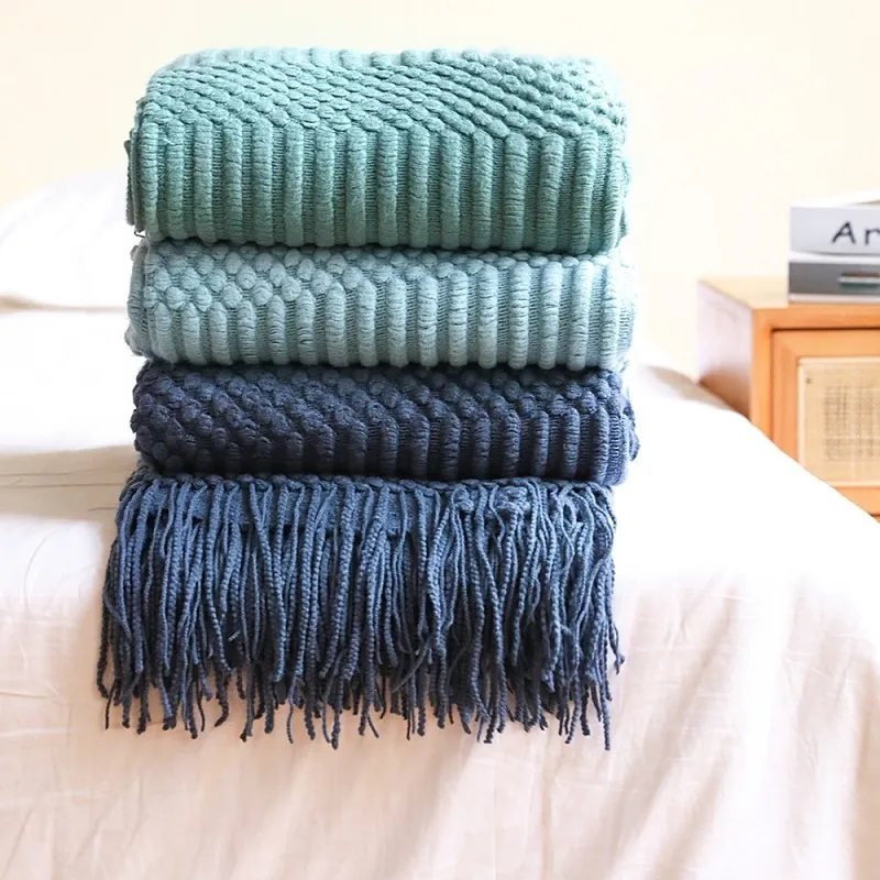 INYA Navy todos os cobertores de arremesso para sofá -cama cobertor decorativo de malha com borlas com borlas leves cobertores texturizados leves 220527