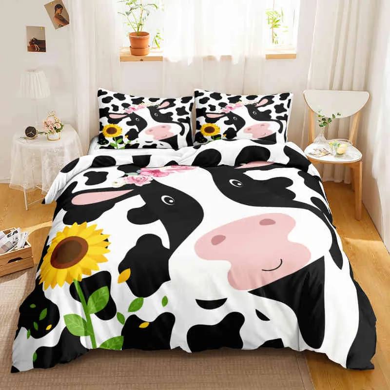 Copripiumino con stampa mucca carina Queen Size Set biancheria da letto Kawaii Highland King Comforter Cartoon Farm Animals289y