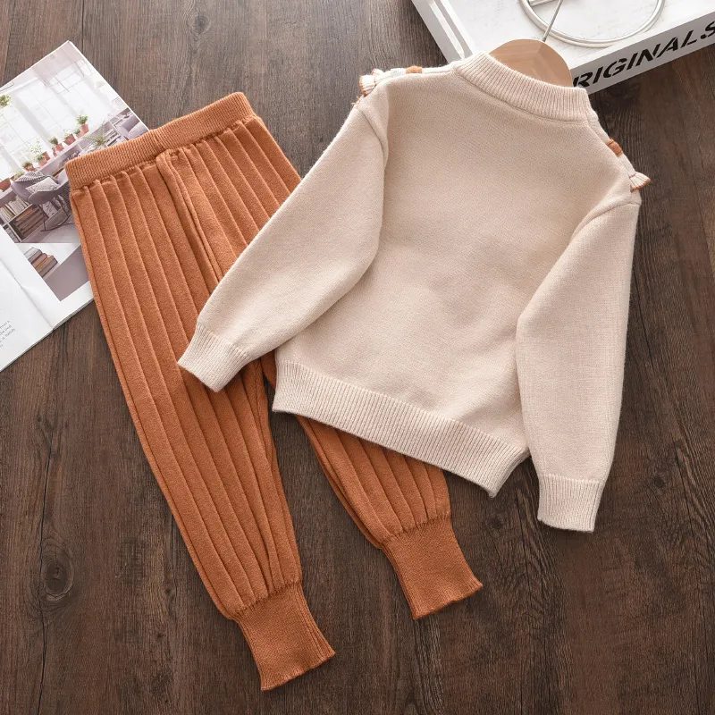 Melario Autumn Zima moda Dziewczyny dzianki grube zestawy ubrania Dzieci ciepłe spodnie swetra z długim rękawem 