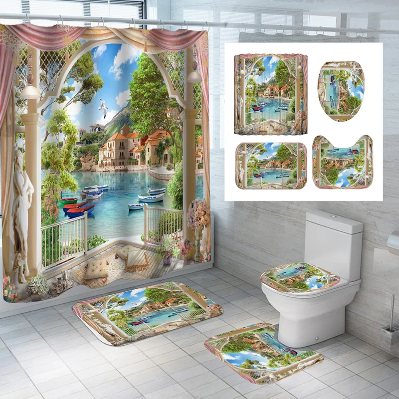 Rideau de salle de bain en Polyester imperméable à motif de plage ensoleillée avec crochets, tapis de bain doux antidérapant, couvercle de toilette, décoration de maison 220517