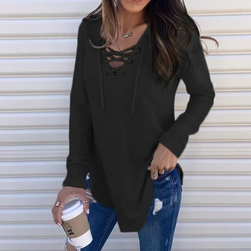 Solid Tee Shirt Pulovers Tunic Top Female Clothing Autumn Women's Casual Sexy Hollow Out Bandage V Neck Long Sleeve T-shirt 220321
