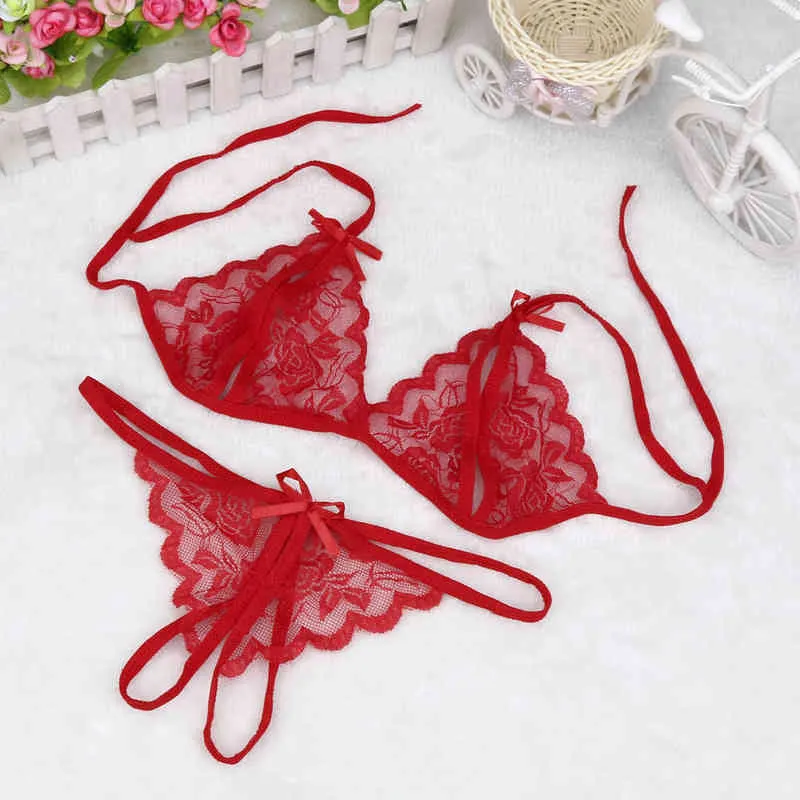 Set di biancheria intima erotica sexy da donna Lingerie di pizzo sensuale scava fuori reggiseno porno trasparente mutandine perizoma sesso L220727