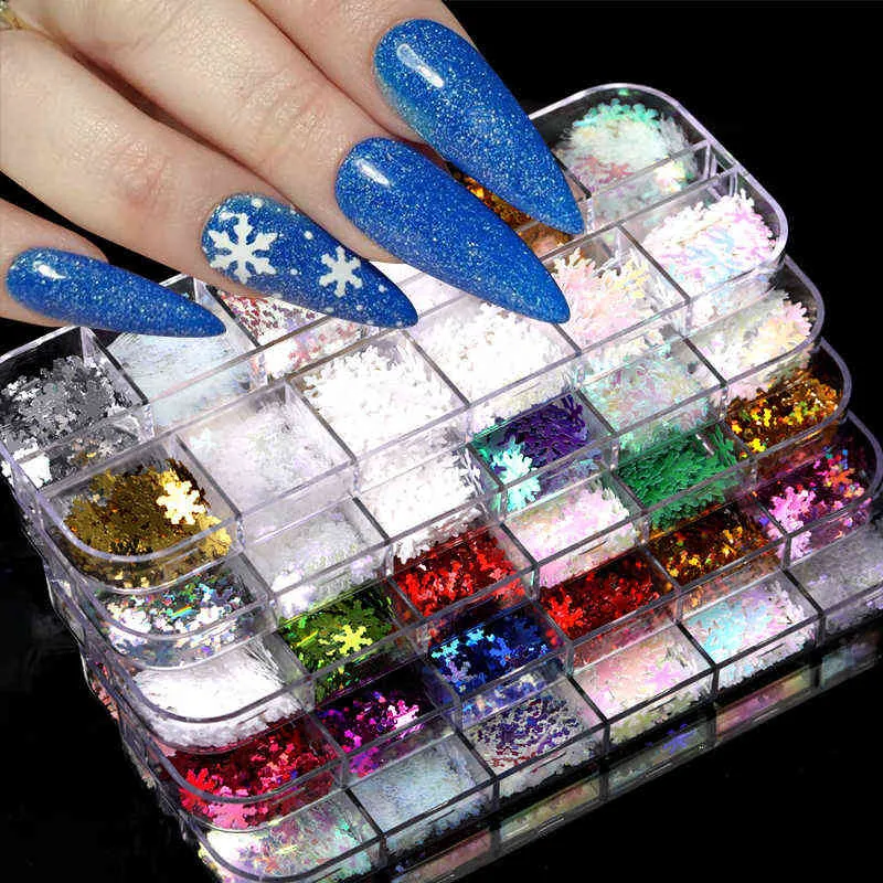 NXY Nail Gel 12 Grilles Irrégulières Flocons De Paillettes En Aluminium De Noël Feuille D'érable Papillon 3d Paillettes Paillette Poudre Art Décoration 0328