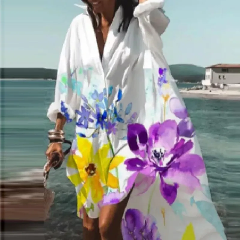 Plus Size Abito camicia da spiaggia Donna Stampa scollo a V Manica lunga Allentato Partito bohemien Vestidos Abito estivo 220713