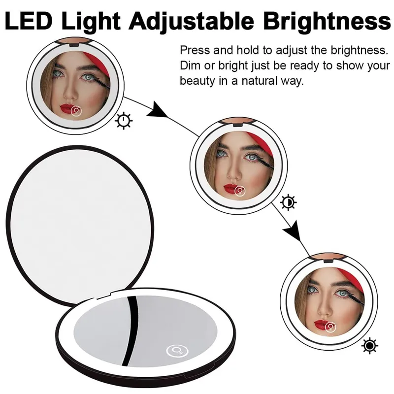 Mini miroir de voyage pliant Portable lumière LED maquillage Compact grossissement 10X beauté 2 faces ronde 220509