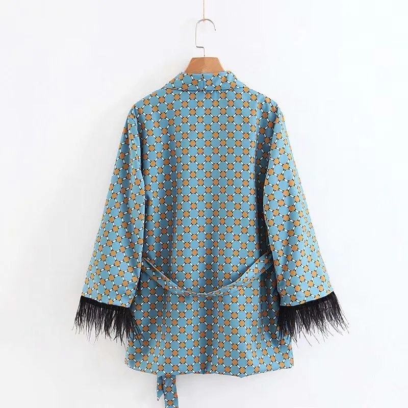 Kvinnors kostymer Sunc Spring Loose Blue Printed Kimono Jacket med fjäder ärmar Bred benbyxor Tvådelar viintage kläder kostymer 220812