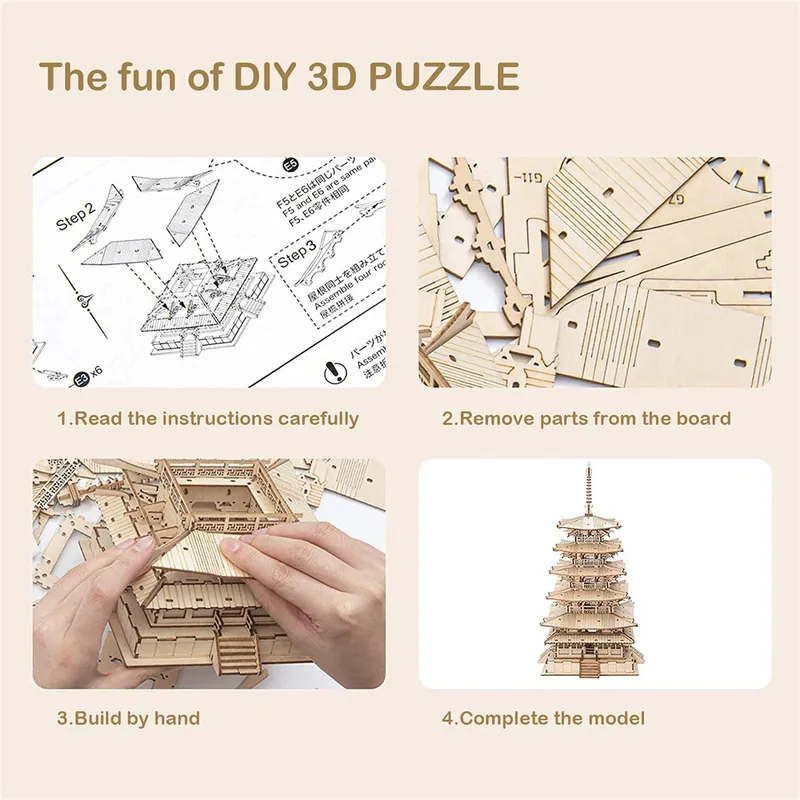 Robotime Rolife DIY 3D Five Piętrowane pagoda drewniane puzzle konstruktor konstruktor Prezent zabawek dla dzieci nastolatka dla dorosłych TGN02 220715