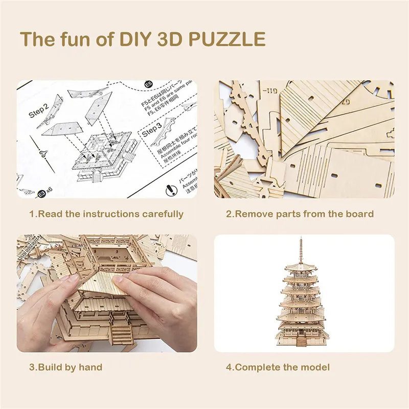 Robotime Rolife DIY 3D Five storied Pagoda Wooden Puzzle Game Assembly Constructor Toy Gift for Children Teen Adult TGN02 220715