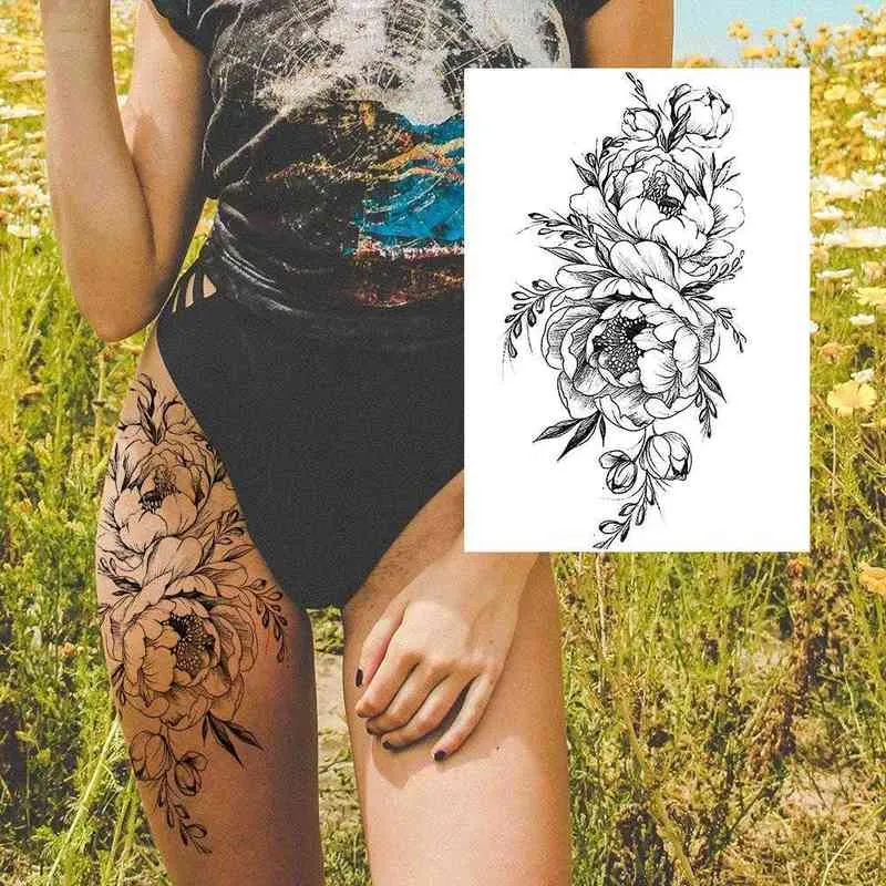 女性ボディアート絵画腕の足ステッカー現実的な偽の黒いバラ防水0330