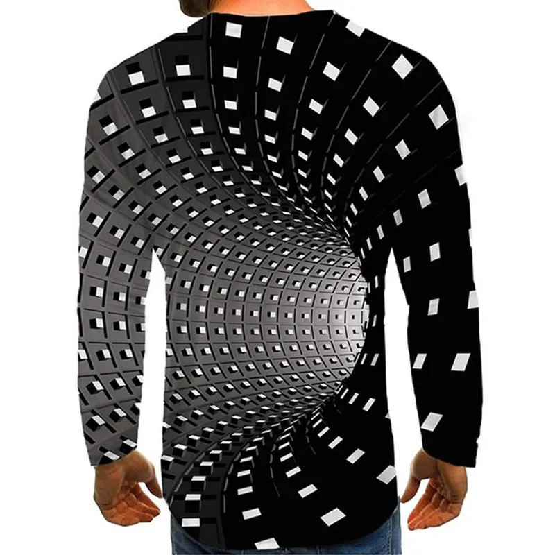 Homme Illusion d'optique graphique grande taille T-Shirt imprimé quotidien à manches longues hauts exagéré autour du cou arc-en-ciel Streetwear 220601