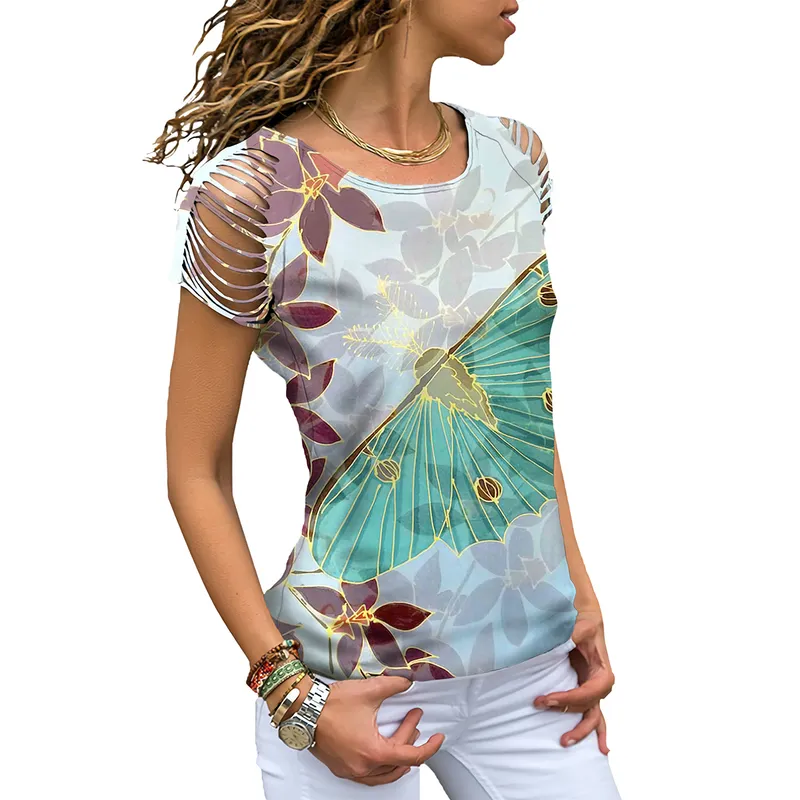 Vintage sommarkvinnor 3D Kort ärm Top Loose O-Neck Cut Out Shoulder Elegant Fashion T Shirt Camisetas Mujer 220510