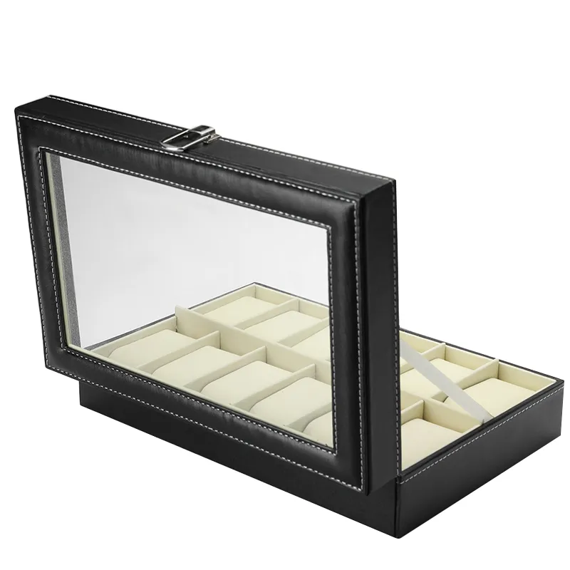 12 slots pols horlogebox houder opslagcase Organisator Black Pu Leather Display Regalos Para Hombre 30x20x8cm 220624
